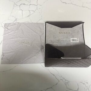 Vintage Gucci Monogram Eyeglass Case Trifold Brown Leather EUC + Cleaning Cloth